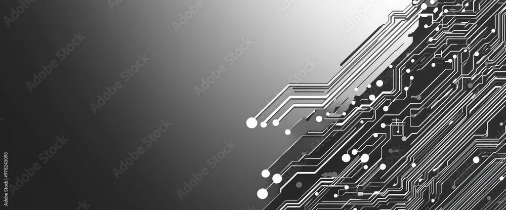 Poster abstract circuit design with lines and dots on a gradient background.