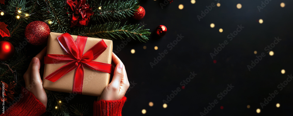 Poster a person is holding a brown box with a red ribbon on it. the box is decorated with christmas ornamen