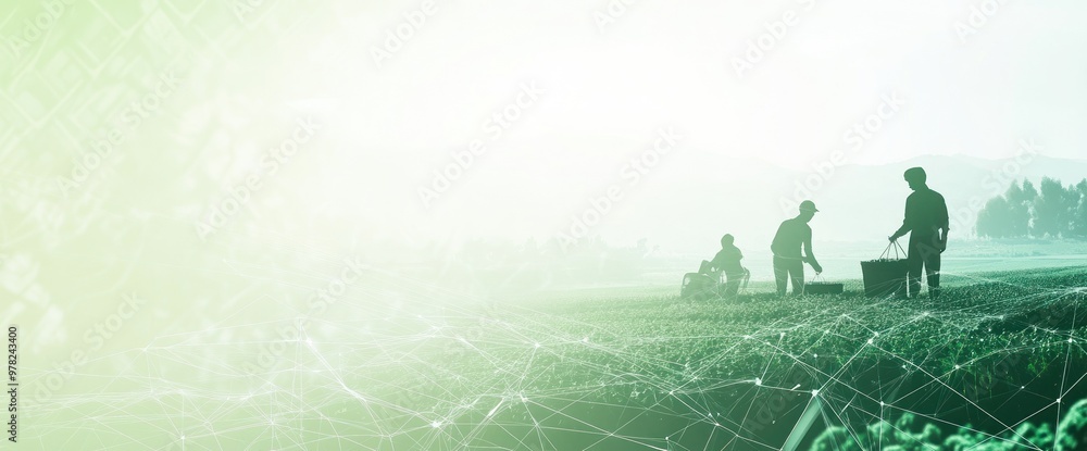Poster workers tending to crops in a field with a light, abstract background.