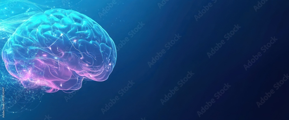 Poster a digital representation of a brain with glowing effects on a gradient background.