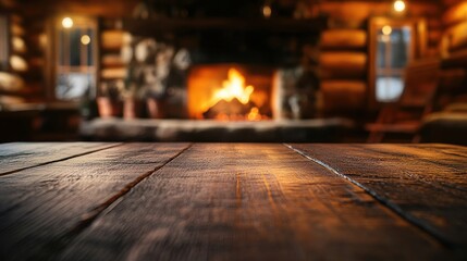 Cozy cabin interior with a warm fireplace and wooden table.