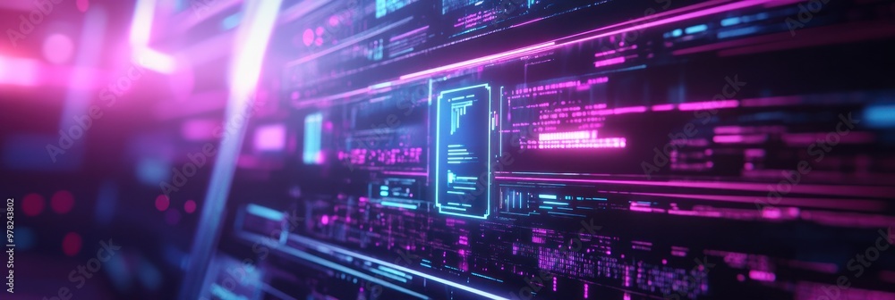 Aufkleber futuristic digital interface with vibrant neon colors and intricate data patterns.