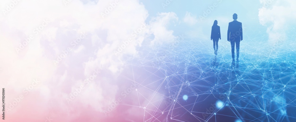 Poster two figures walking on a digital landscape with a network design and clouds.