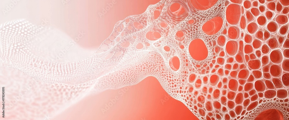 Poster abstract white mesh pattern on a gradient red background, conveying depth and texture.