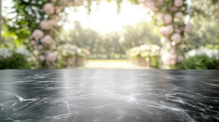 A serene outdoor setting with a marble tabletop and a floral arch in the background.