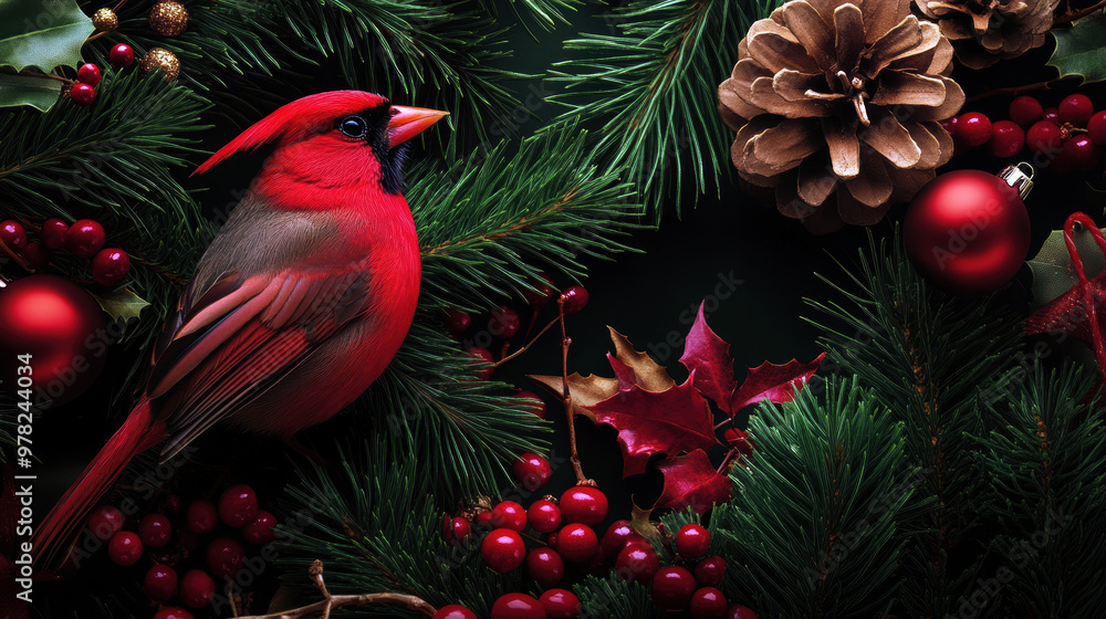 Poster a red cardinal perched on a tree branch with red berries and pine cones. concept of warmth and joy, 