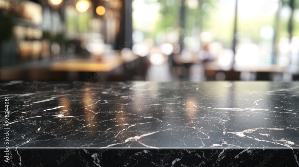 Sticker A close-up of a polished black marble countertop in a modern café setting.