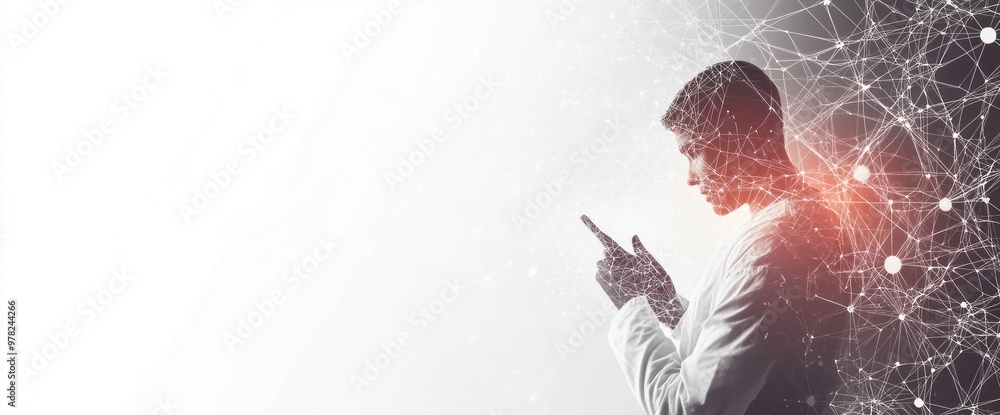 Poster a scientist in a lab coat interacting with digital data and connections.