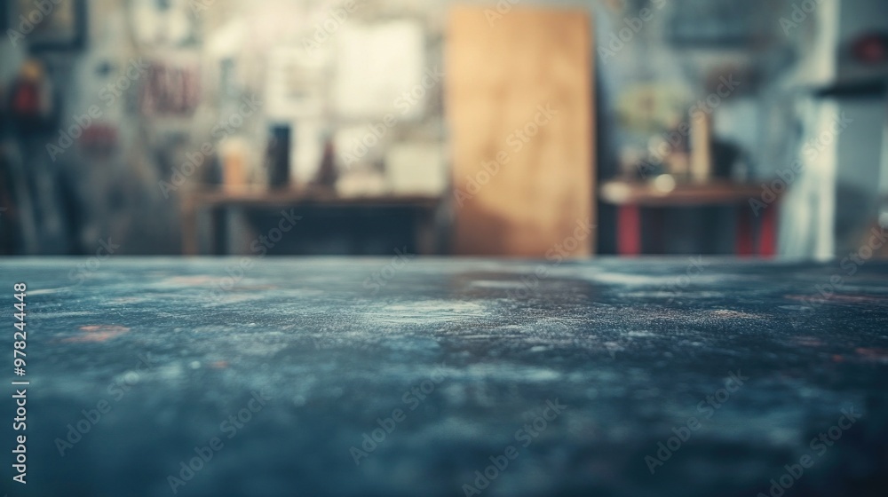Poster a blurred workshop scene with a focus on a textured surface and a wooden backdrop.