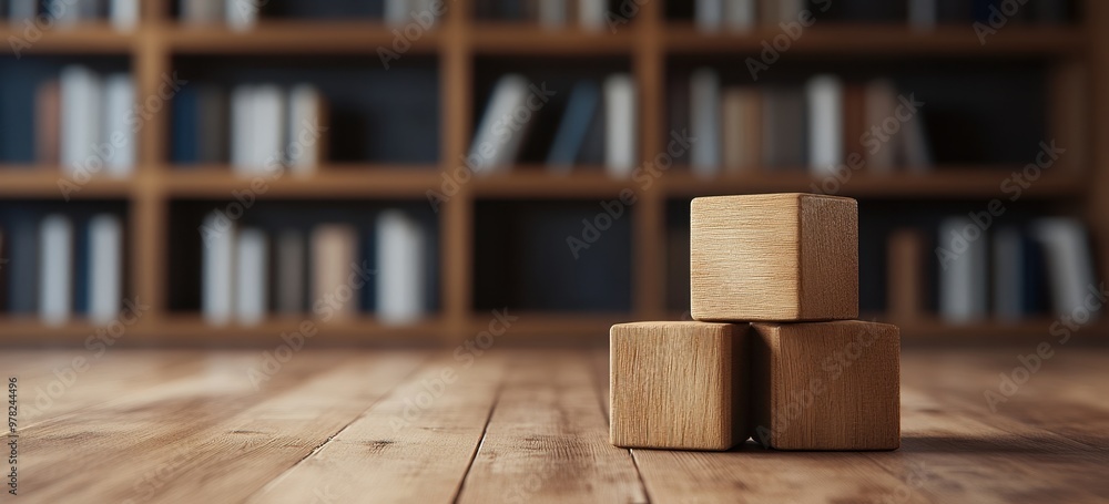 Poster three wooden blocks stacked on top of each other, with each block slightly smaller than the one belo