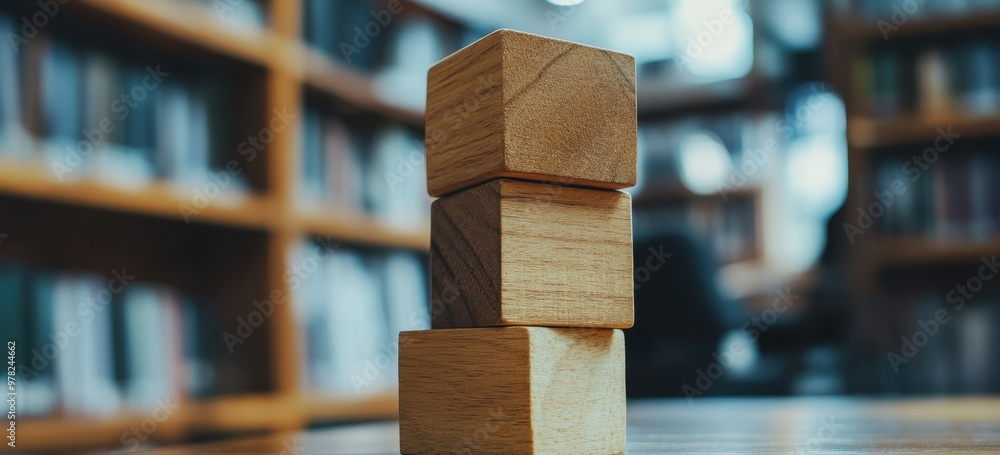 Poster three wooden blocks stacked on top of each other, one slightly tilted while the other two rest at an