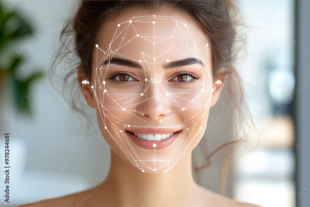 Poster woman with glowing digital facial lines and nodes representing technological integration symbolizing