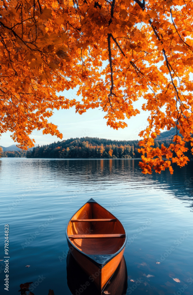 Poster a small boat is floating on a lake with a tree in the background. the scene is peaceful and serene, 