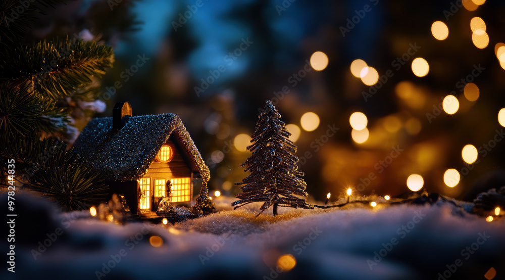 Poster a small house with a tree in front of it. the house is lit up with lights and the tree is also lit u