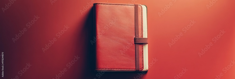 Poster a closed red notebook with a brown strap on a matching background, suggesting organization.