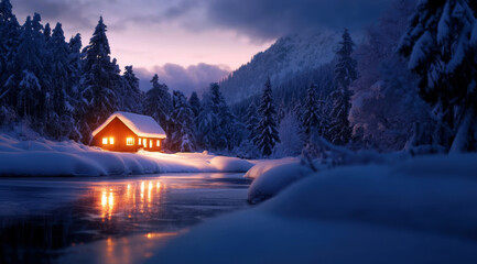 Fototapeta premium A small cabin is lit up by a warm light, surrounded by a snowy landscape. Concept of coziness and warmth, as if one were in a winter cabin in the woods
