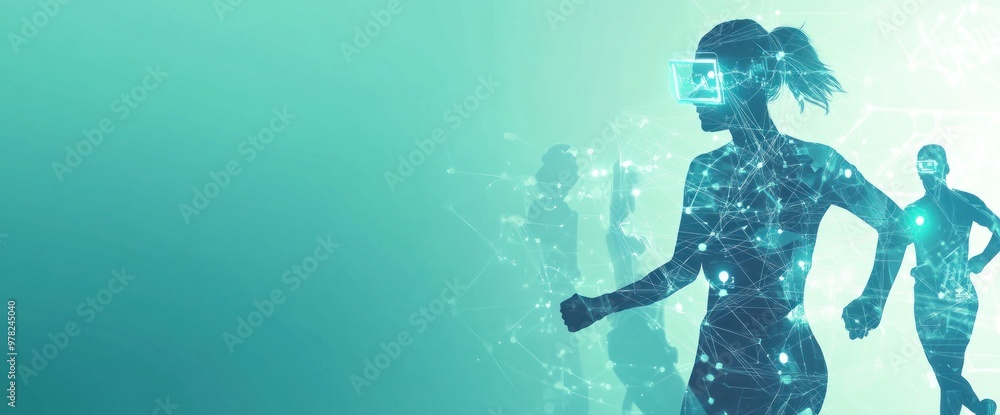 Poster abstract representation of digital runners in a tech-inspired environment.