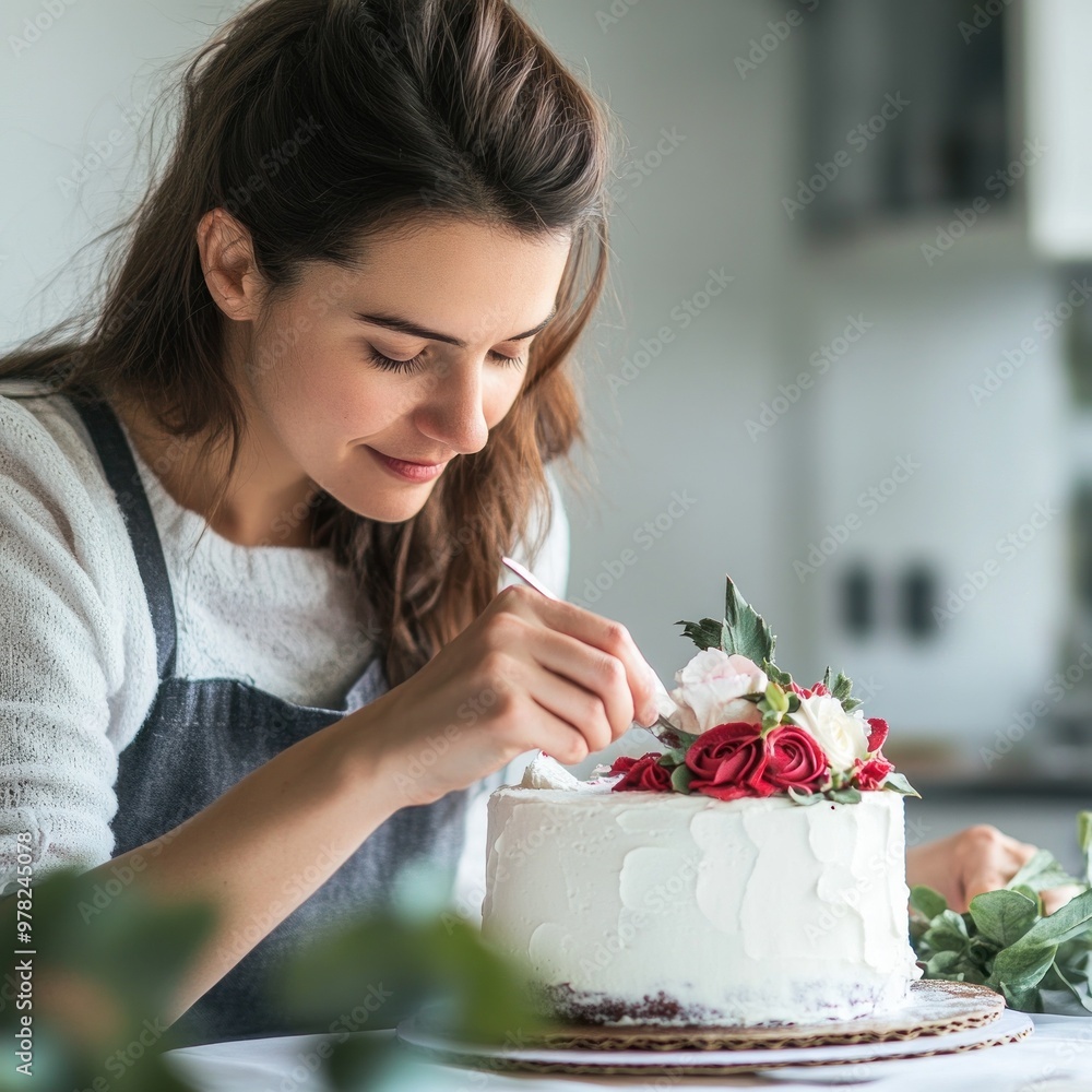 Wall mural A woman decorates a cake with flowers in a bright kitchen setting.