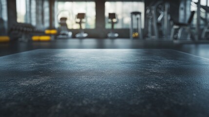 Obraz premium A close-up view of a gym floor with exercise equipment in the background.