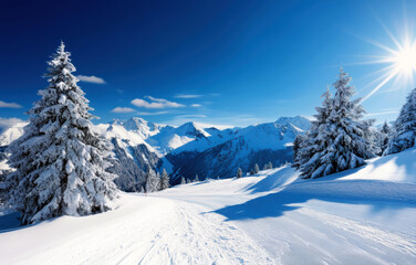 A snowy mountain landscape with two pine trees in the foreground. The sky is clear and blue, and the sun is shining brightly. The scene is peaceful and serene, with the snow-covered ground