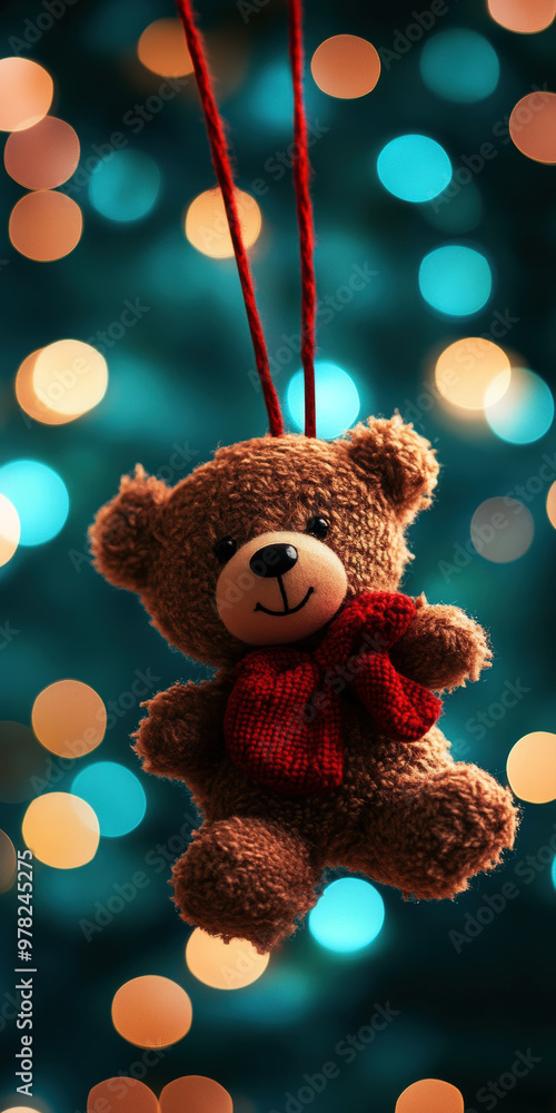 Poster a teddy bear is hanging from a string with a red scarf around its neck. the image has a festive and 