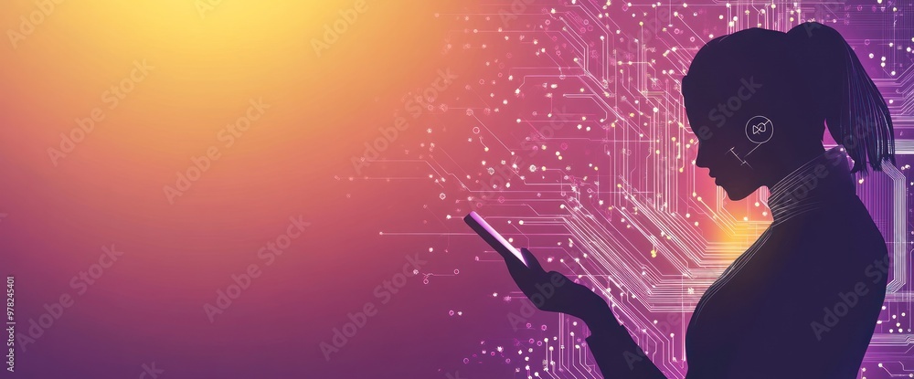 Poster silhouette of a person using a smartphone with a tech-inspired background.