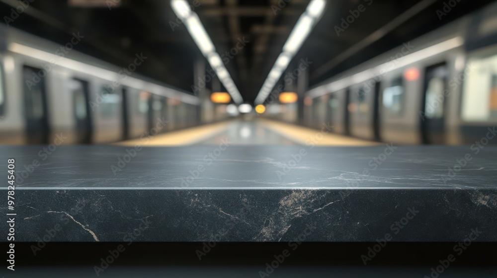 Poster a blurred view of a subway platform with a focus on a dark surface in the foreground.