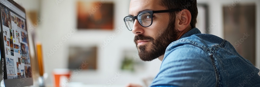 Poster a man with glasses gazes thoughtfully while working on a computer in a creative workspace.