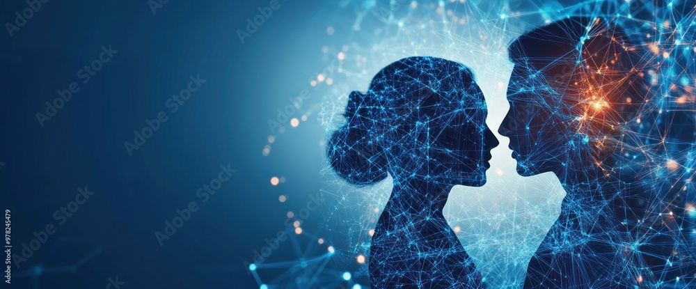 Poster silhouettes of two faces connected by a network of digital lines and nodes.