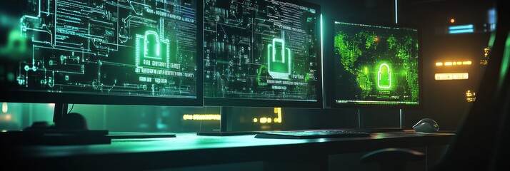 A high-tech workspace featuring multiple screens displaying cybersecurity data and graphics.