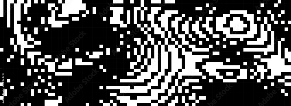 Poster dithered wavy curved line texture. black 8 bit pixel glitch background. rasterized stripe overlay wa