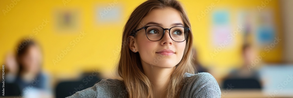 Wall mural A thoughtful young woman in glasses, gazing into the distance in a classroom setting.