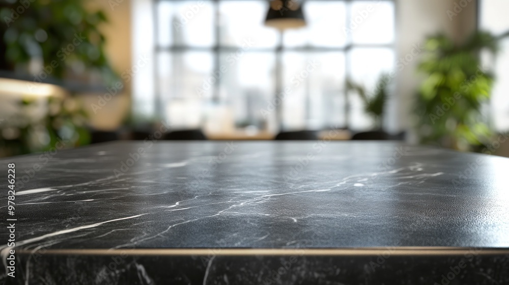 Sticker A close-up view of a black marble tabletop with a blurred background of a modern space.