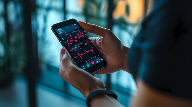 Woman Checking Heart Rate on Smartphone.