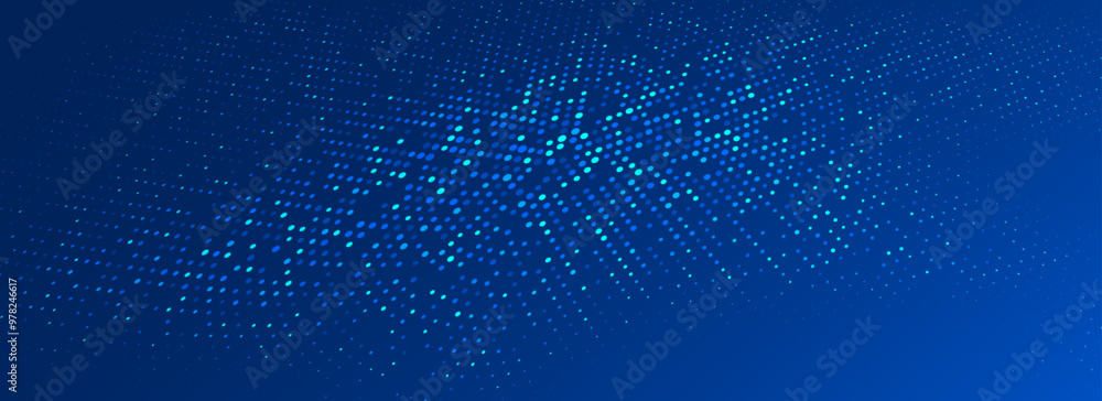Poster glowing blue dotted wallpaper. abstract curved round dot grid texture. circle halftone pattern backg