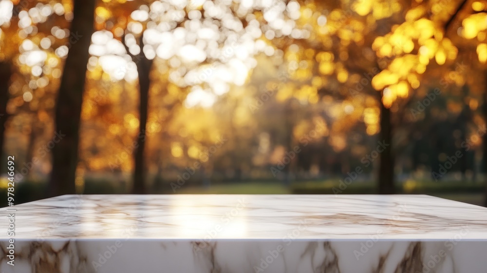 Poster a blurred background of autumn trees with a marble surface in the foreground.