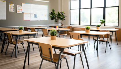 Bright and modern classroom with wooden tables, chairs, and plants. Ideal for educational or interior design projects.