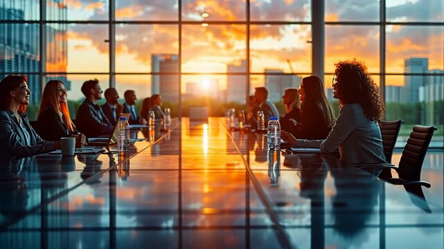 Sunset Boardroom Meeting: Silhouetted business professionals engage in a productive meeting as the sun sets over a cityscape, creating a dramatic and inspiring atmosphere.