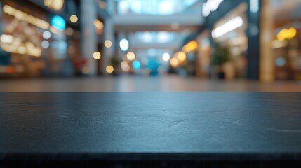 A blurred interior space with a focus on a dark surface, suggesting a commercial environment.