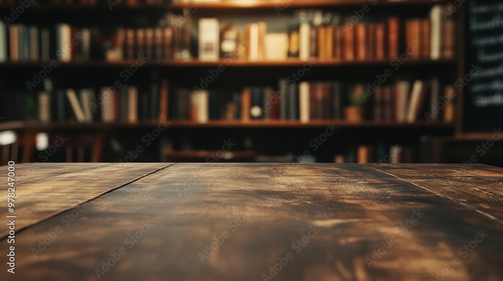 Poster a wooden table in a cozy library setting with bookshelves in the background.