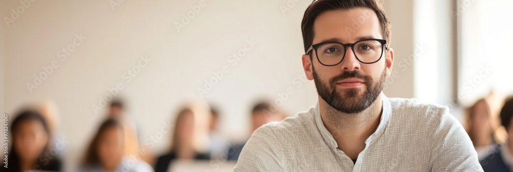 Poster a focused man in a classroom setting with students in the background.