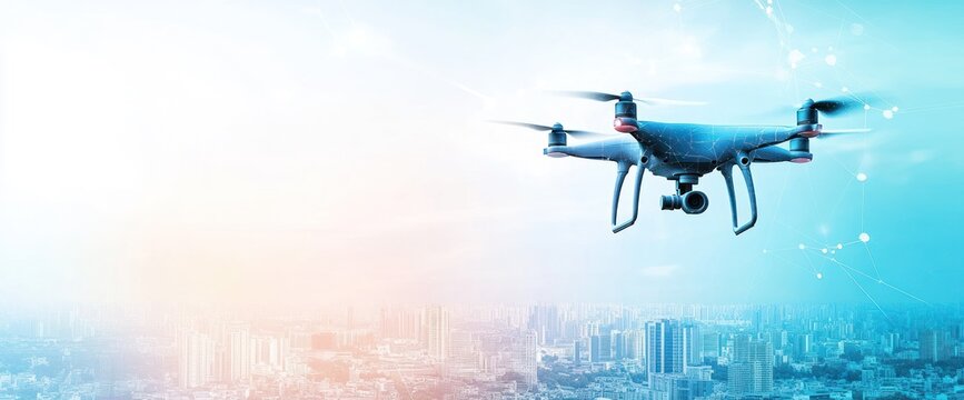 A drone flying over a cityscape, capturing aerial views for various applications.