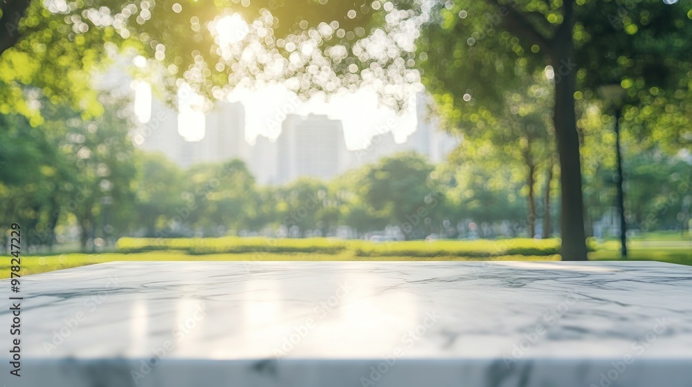 Poster a blurred view of a park with a marble table in the foreground and cityscape in the background.
