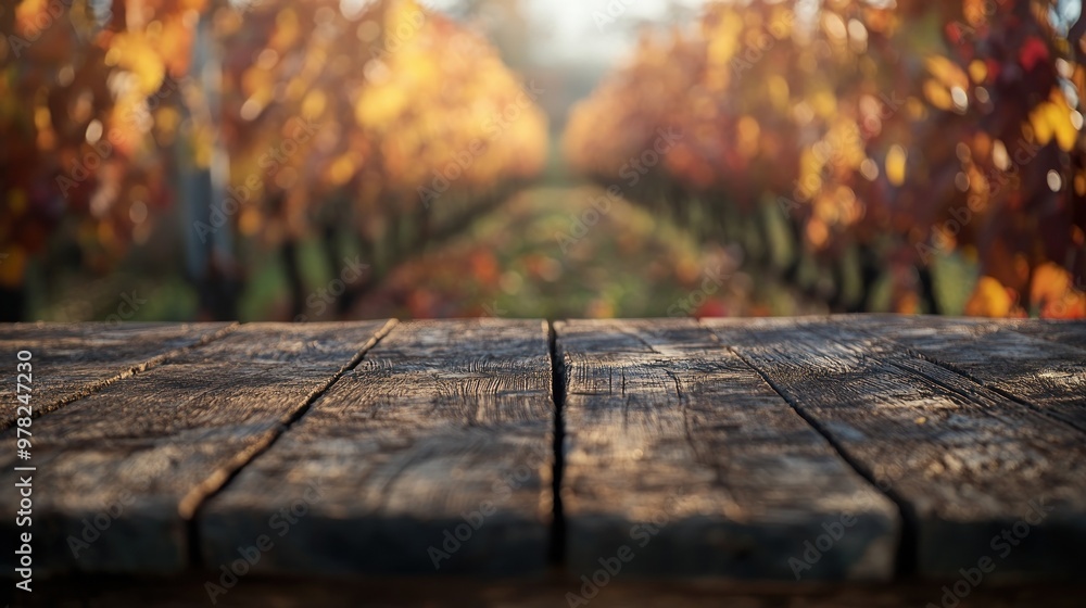 Poster A rustic wooden table in the foreground of a vineyard with autumn foliage.