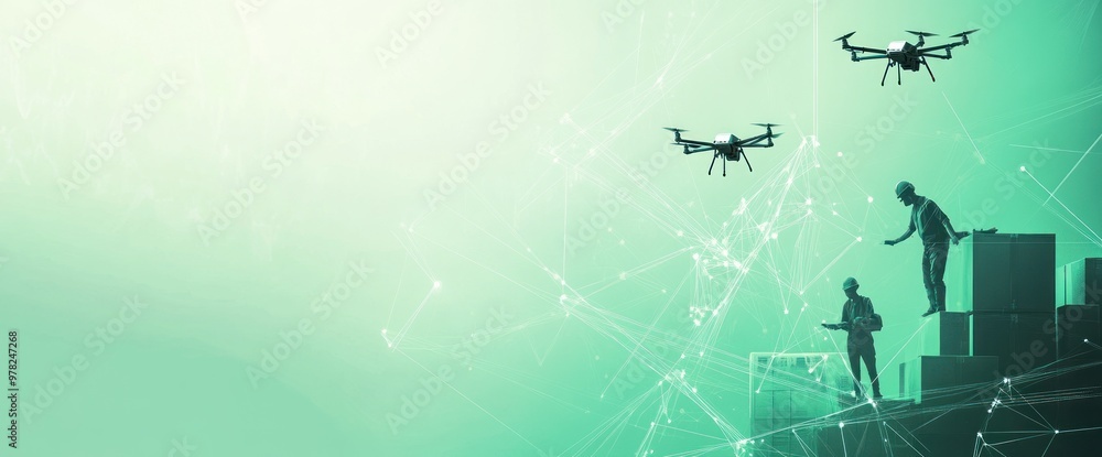 Poster two figures interact with drones amidst a digital network backdrop.