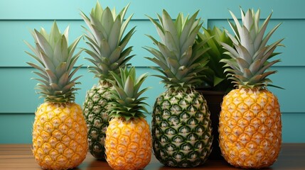 Fototapeta premium Ripe pineapple and beach sea life style objects over pastel mint blue wooden background 