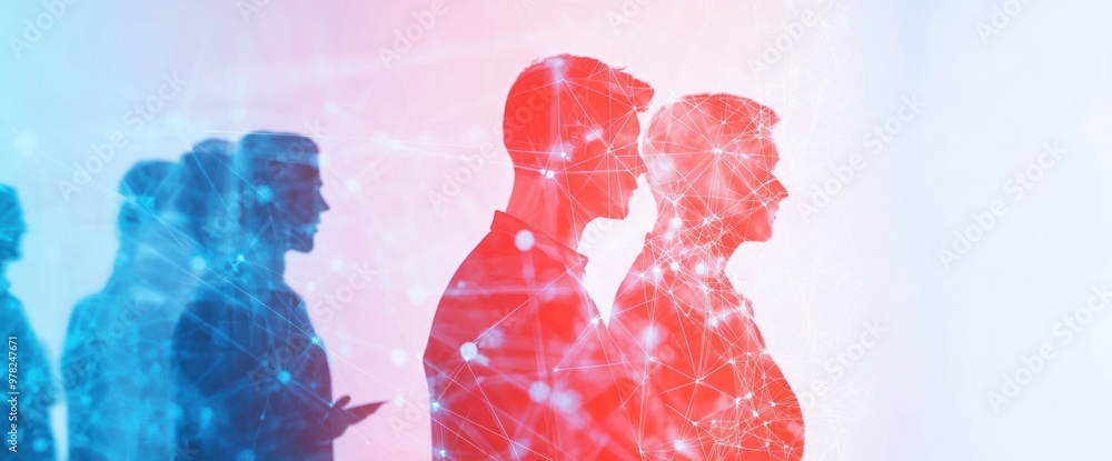 Poster abstract representation of individuals with a digital network overlay, symbolizing connection.