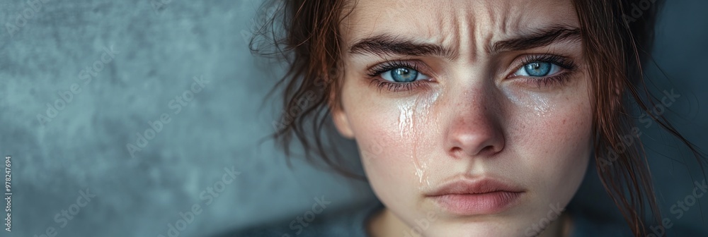 Wall mural A close-up of a young person with tears, conveying deep emotion and vulnerability.