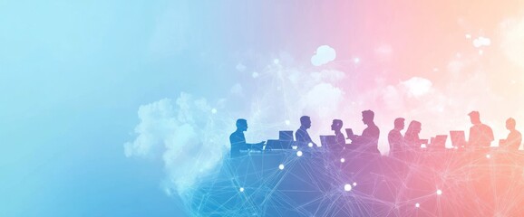 Silhouettes of people working with technology against a colorful, abstract background.