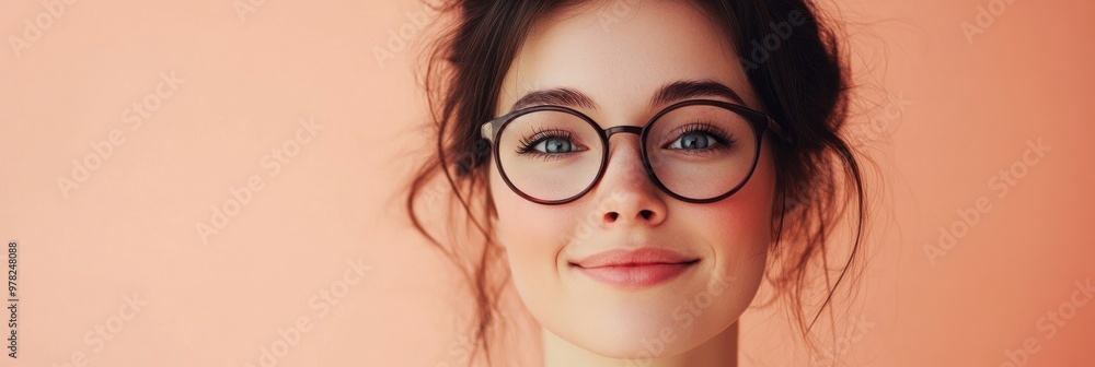 Poster A smiling woman with glasses against a peach background, conveying positivity and warmth.